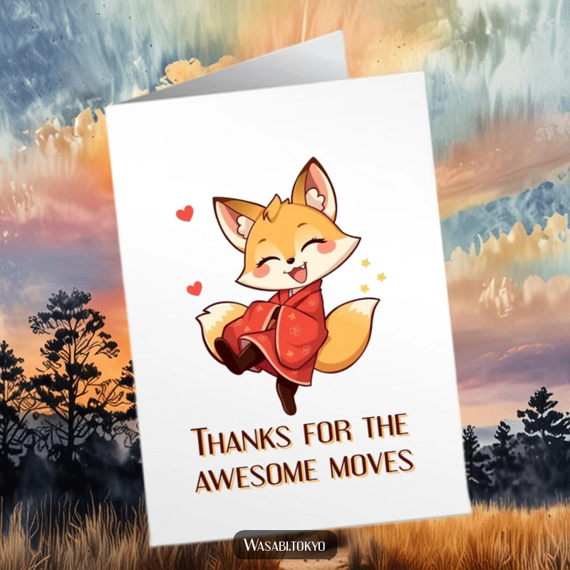 Funny Free Printable Thank You Card: Playful fox in a vibrant kimono does a dynamic kick to express sincere gratitude.