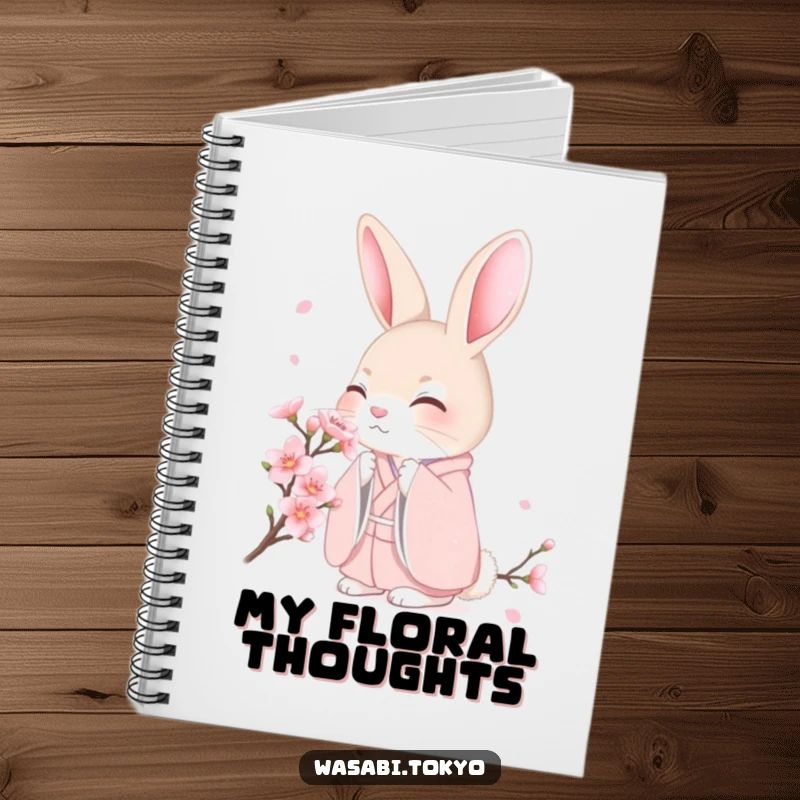 Funny shy rabbit in a pink kimono smelling a cherry blossom on a notebook cover, ideal for gentle journaling and as a funny gift.
