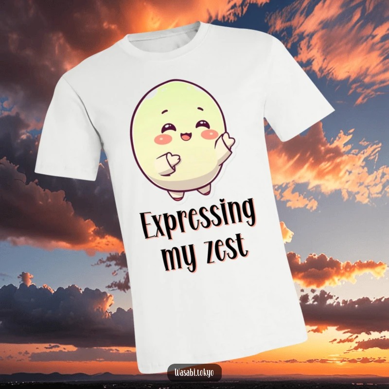 Funny t-shirt with a small, round, happy wasabi character gracefully gesturing with its sleeves, capturing a moment of pure elation.