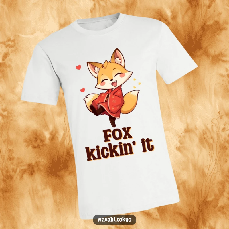Funny joyful fox in a dynamic red kimono executing a playful kick, perfect for t-shirts and funny gifts.