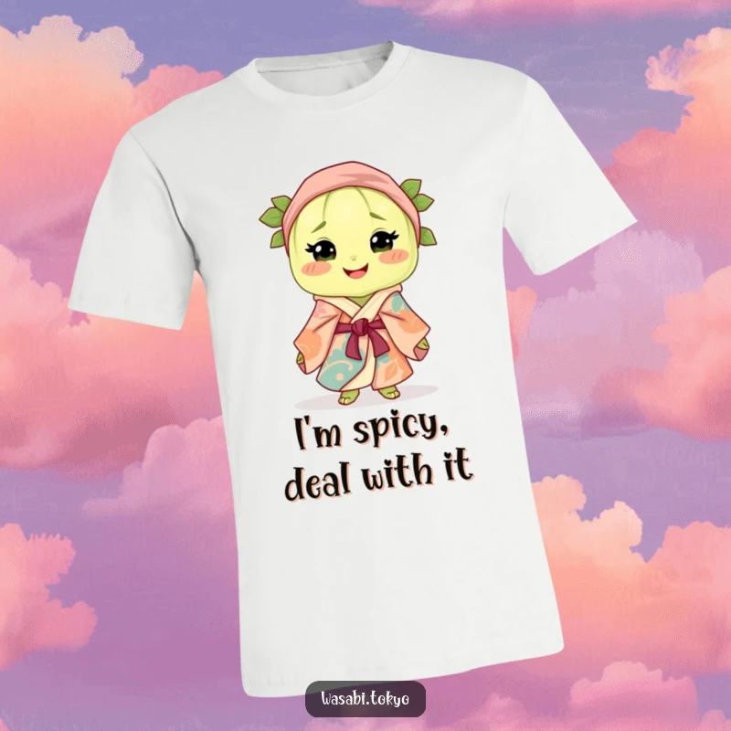 Funny t-shirt showcasing a cute, smiling wasabi clump dressed in a vibrant, flowing silk robe and obi, capturing a moment of pure joy.