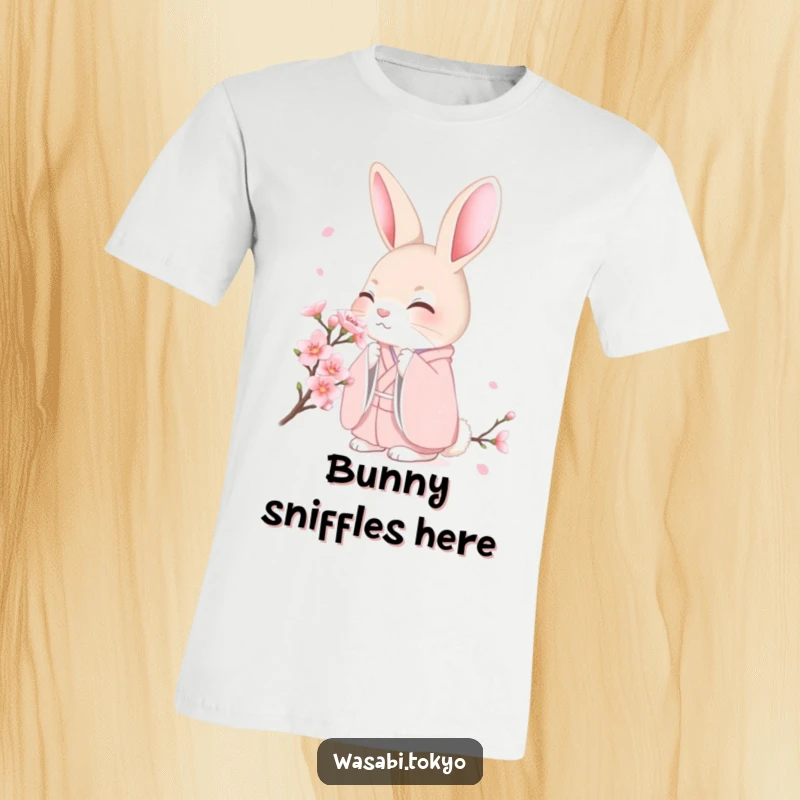 Funny shy rabbit in a pastel pink kimono smelling a cherry blossom, printed on a t-shirt, a cute and funny gift.