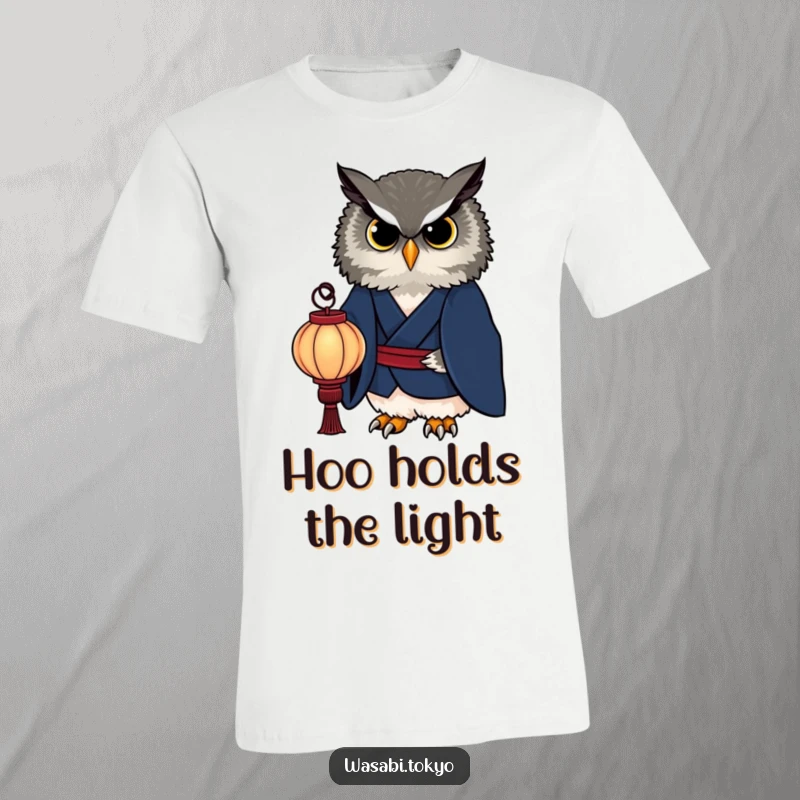 Funny dignified owl in a dark indigo kimono holding a glowing paper lantern, printed on a t-shirt, a wise and funny gift.
