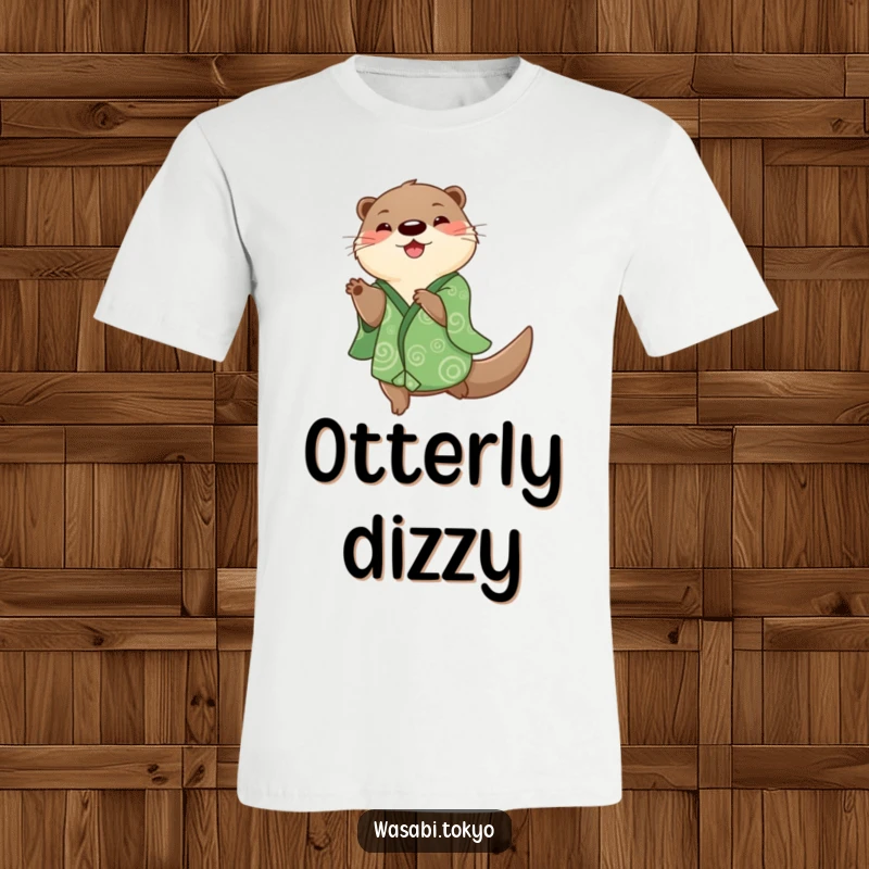 Funny playful otter in a green kimono with swirling patterns executing a happy spin, printed on a t-shirt, a fun and funny gift.