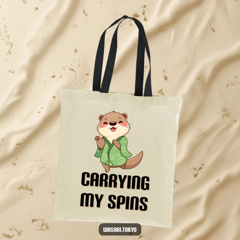 Funny playful otter in a green kimono doing a happy spin on a durable tote bag, a humorous and practical accessory, an excellent funny gift.