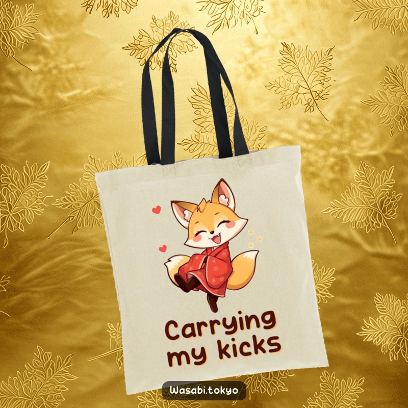 Funny fox in a red kimono striking a playful kick pose on a durable tote bag, a humorous and practical gift.